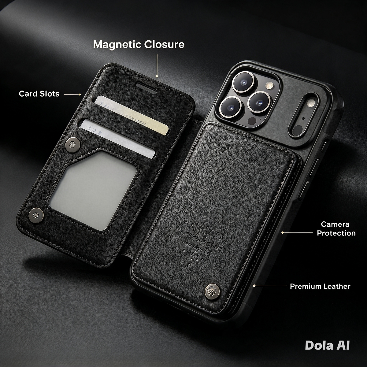 Leather iPhone Wallet Case | Black Hard Shell + Brown Flip Card Holder | Fits iPhone 18 Pro Max, 18, 17 Pro Max, 17 Pro, 17e, 16, 15, 14, 13, 12, 11