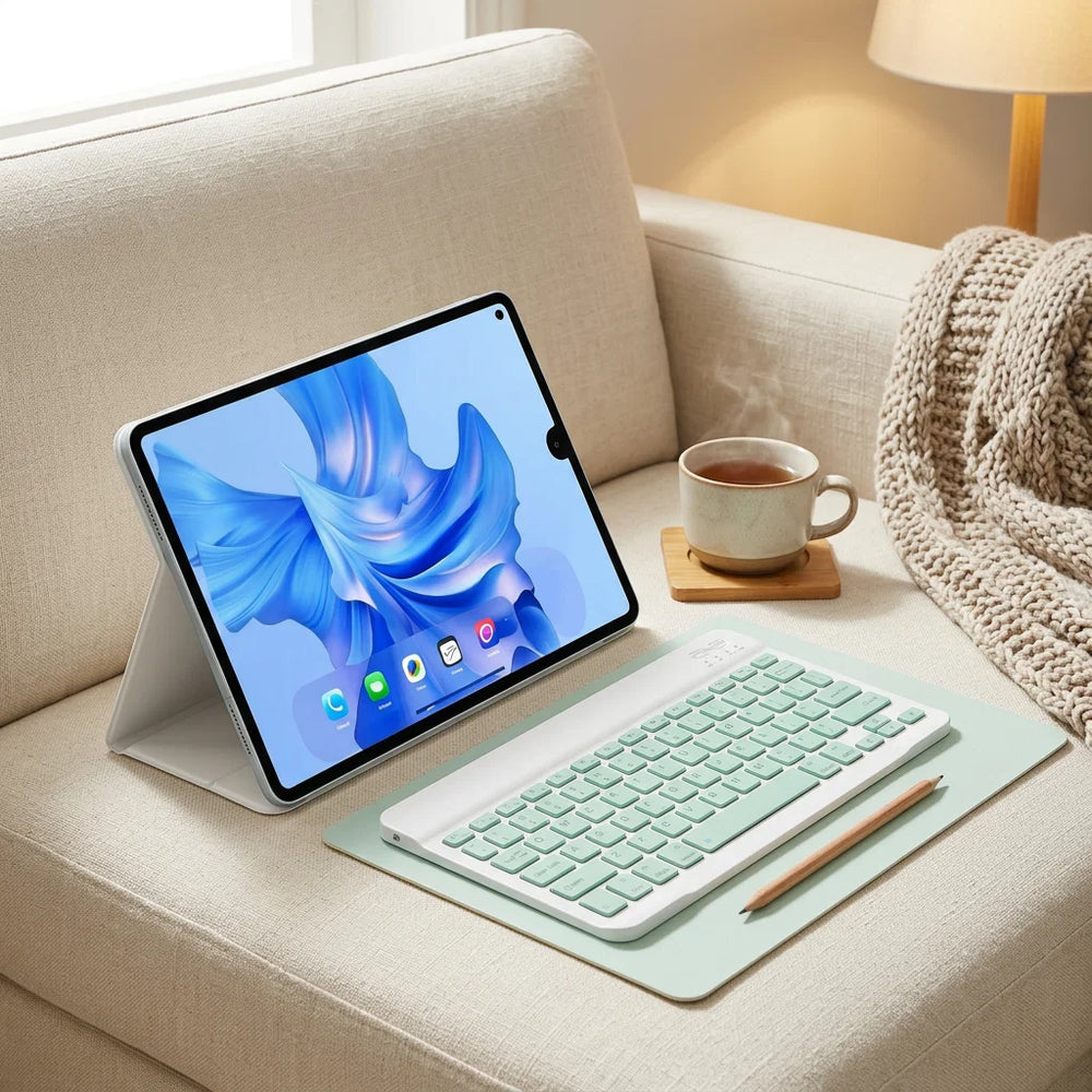 Keyboard with Tablet Casing on a Pad – Detachable Bluetooth Keyboard with Pencil Holder & Trackpad
