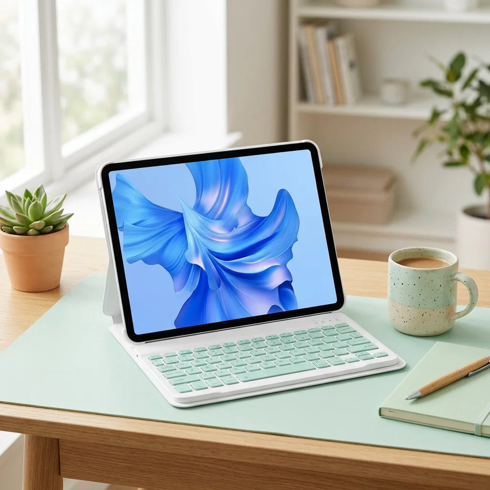 Keyboard with Tablet Casing on a Pad – Detachable Bluetooth Keyboard with Pencil Holder & Trackpad