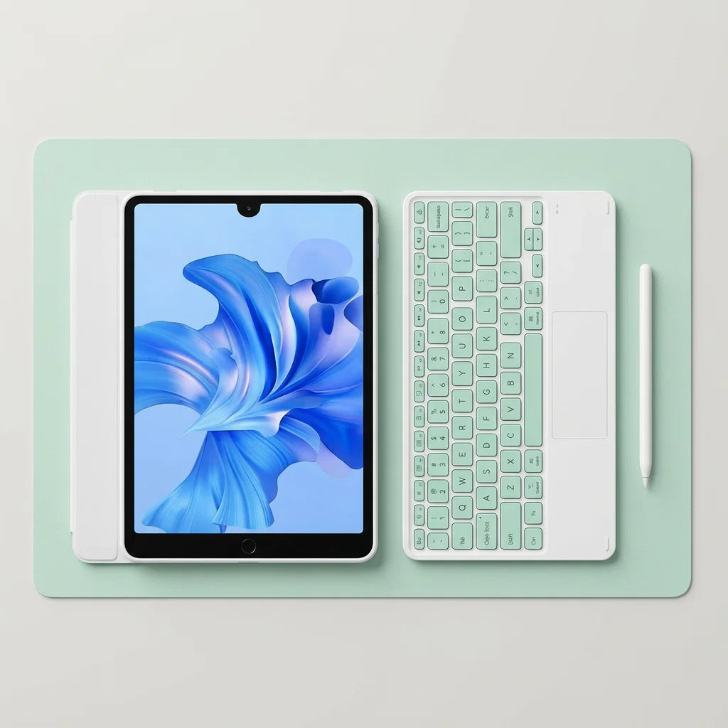 Keyboard with Tablet Casing on a Pad – Detachable Bluetooth Keyboard with Pencil Holder & Trackpad