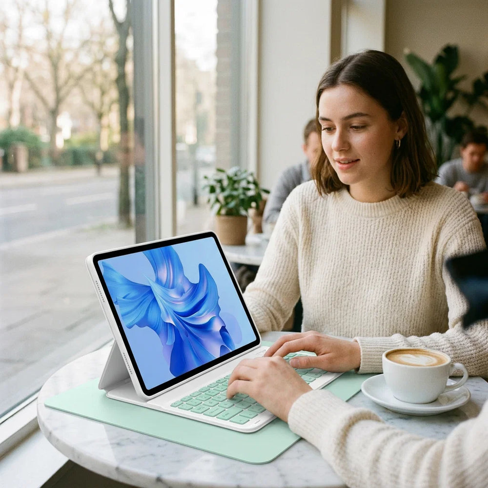 Keyboard with Tablet Casing on a Pad – Detachable Bluetooth Keyboard with Pencil Holder & Trackpad