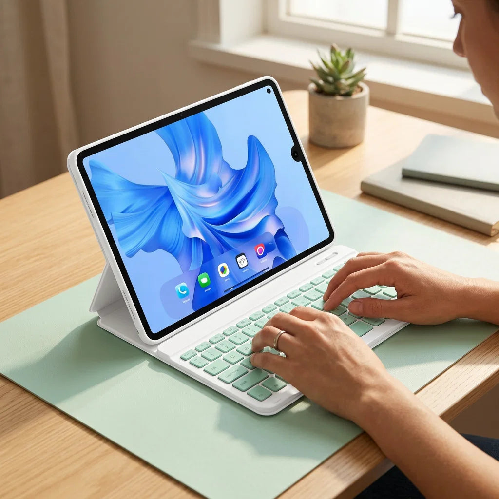 Keyboard with Tablet Casing on a Pad – Detachable Bluetooth Keyboard with Pencil Holder & Trackpad